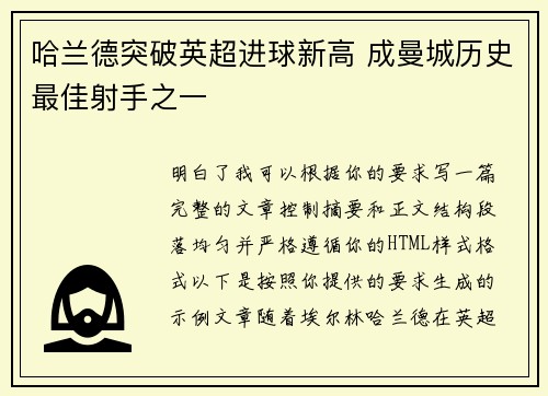 哈兰德突破英超进球新高 成曼城历史最佳射手之一 哈兰德突破英超进球新高 成曼城历史最佳射手之一